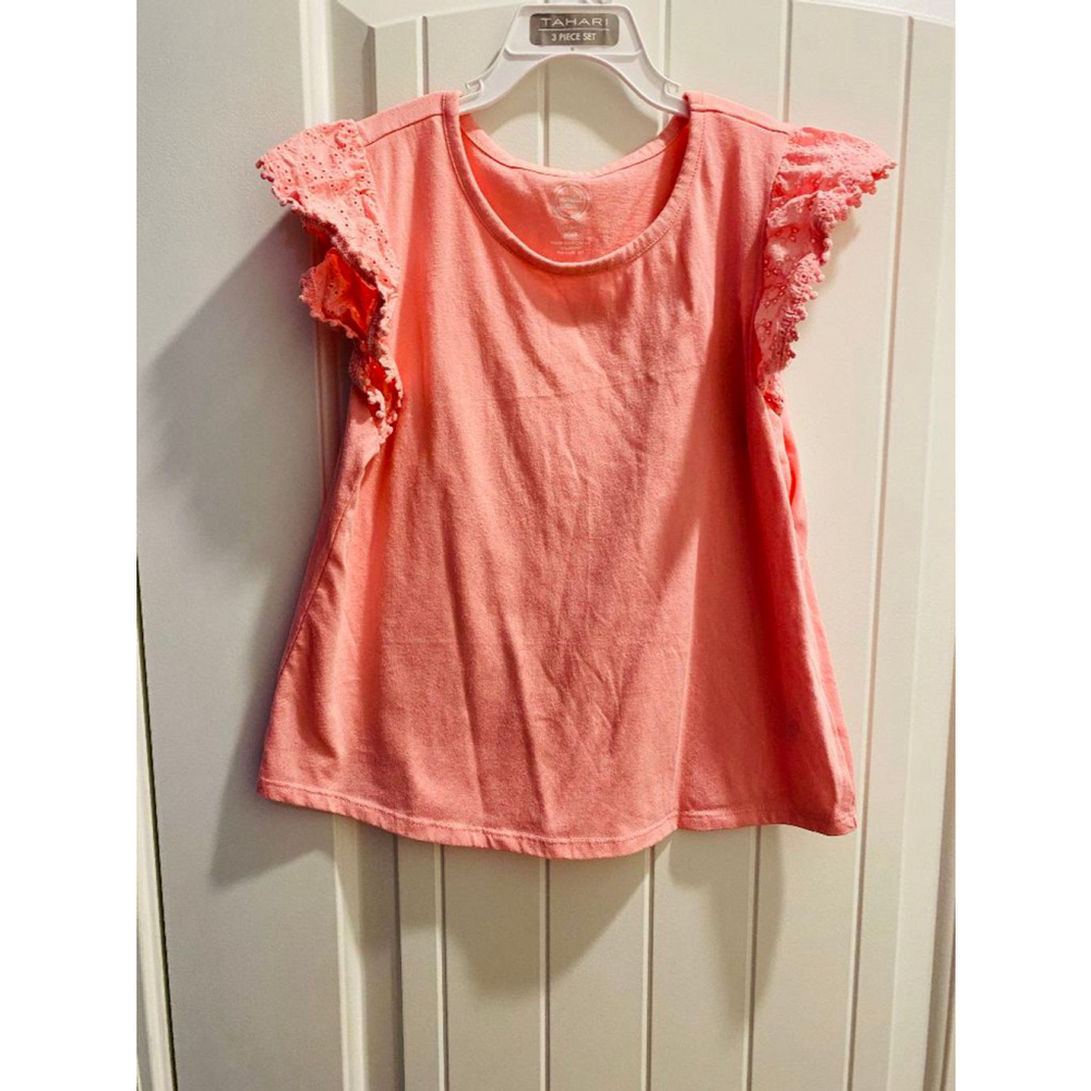 Wonder Nation Girl's Pink Ruffle Eyelet Sleeve T-Shirt L (10-12) Plus